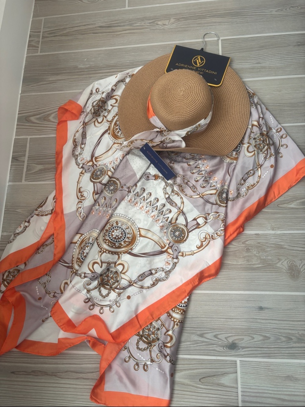 Adrienne Vittadini White and Orange Border Chain Print Scarf